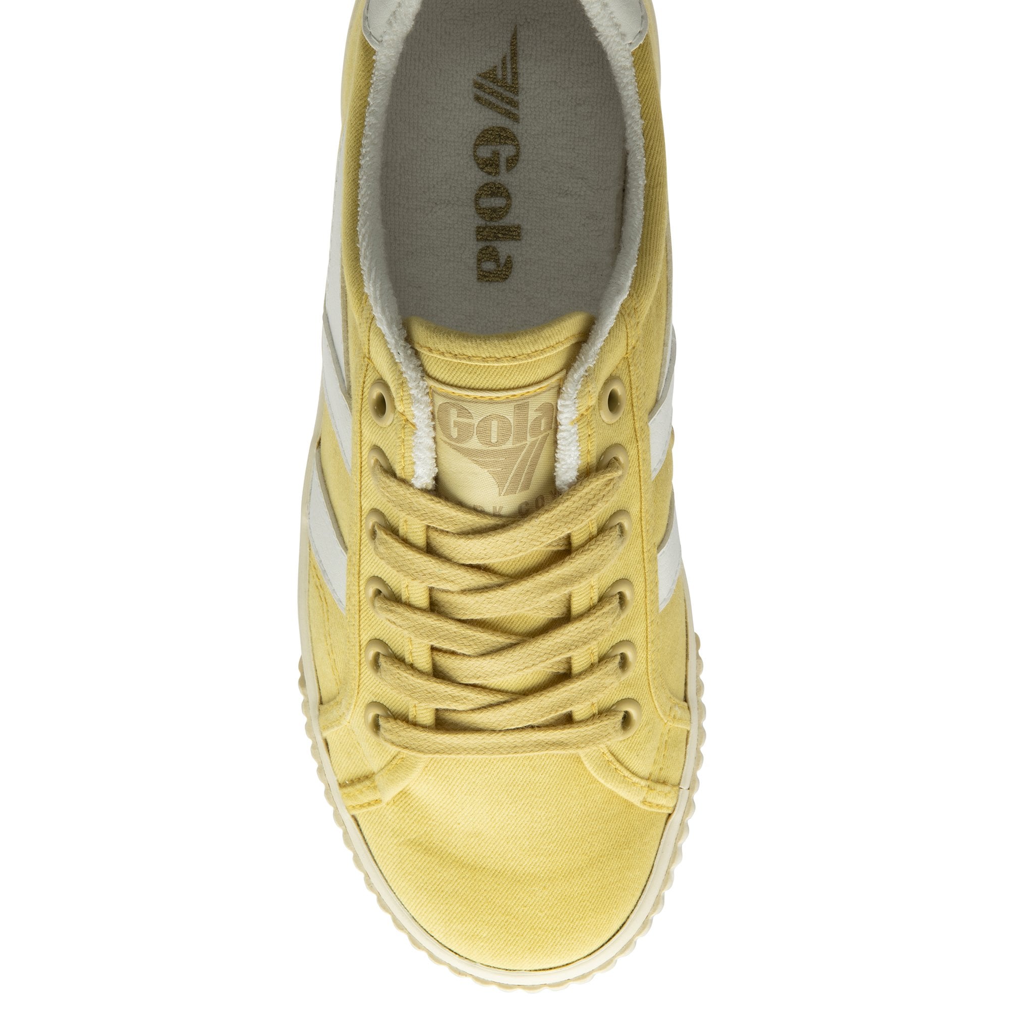 Top-down view of a Gola women's casual trainer in sunshine yellow with white stripes.