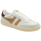 Side view of a white sneaker with a tan and burgundy stripe.