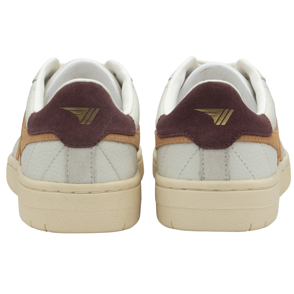 Rear view of two white sneakers with burgundy heels and gold logos.