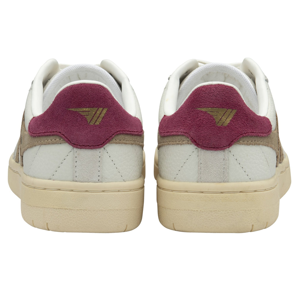 Rear view of two white and beige sneakers with burgundy heels and gold logos.