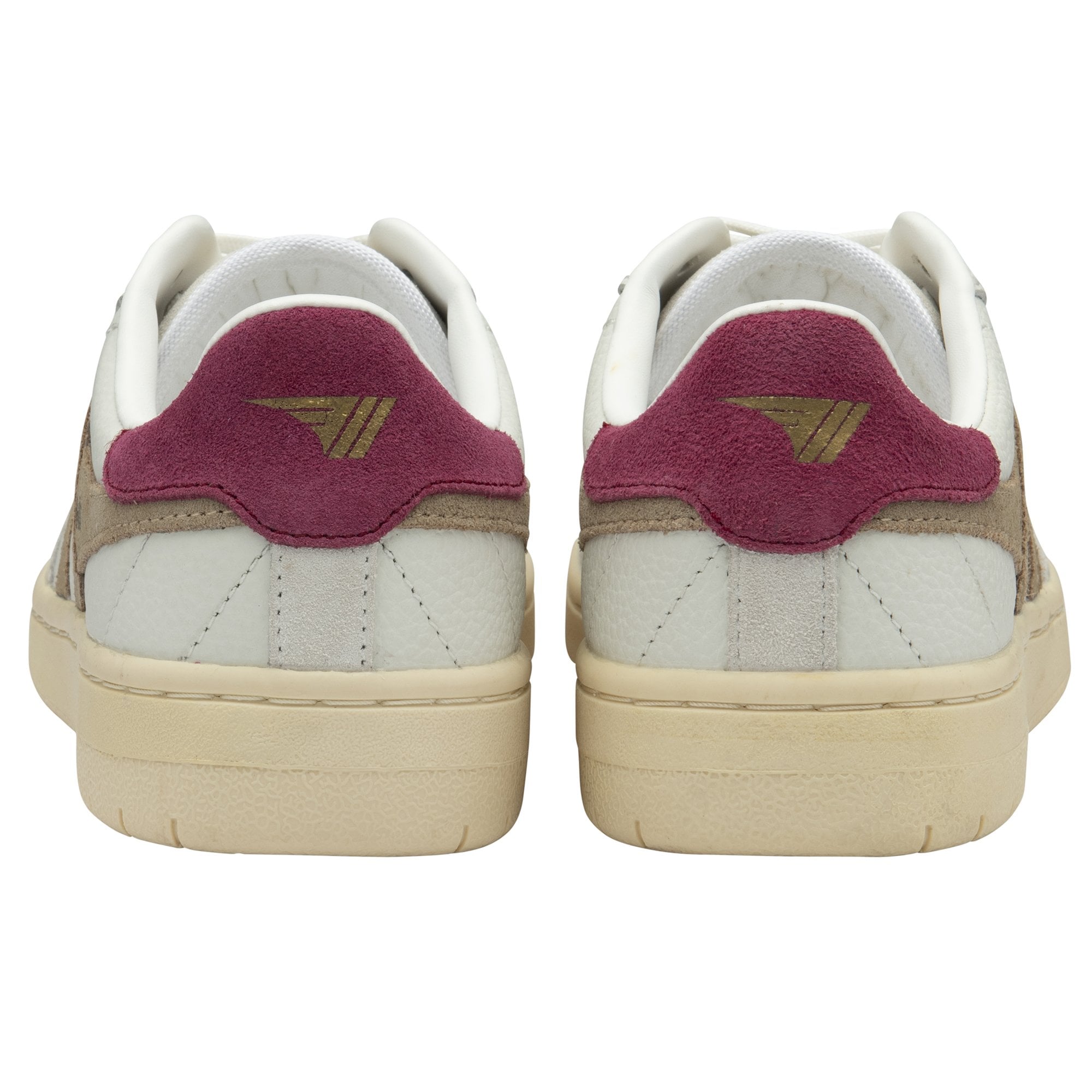 Rear view of two white and beige sneakers with burgundy heels and gold logos.