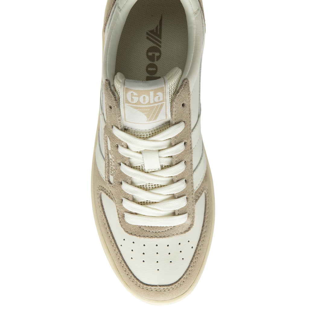 The toe of a Gola low-top sneaker in off-white and beige, viewed from above.