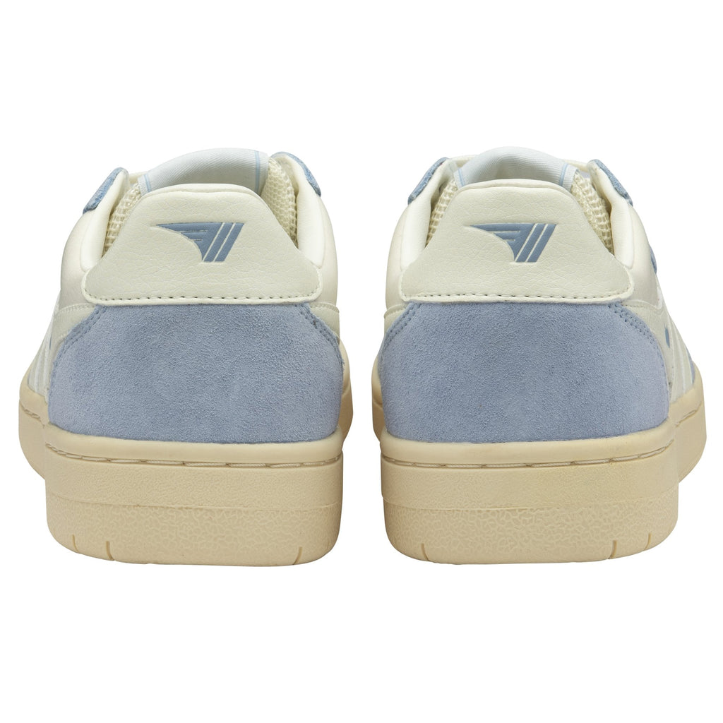 The rear view of two Gola sneakers, featuring blue heels and off-white soles.