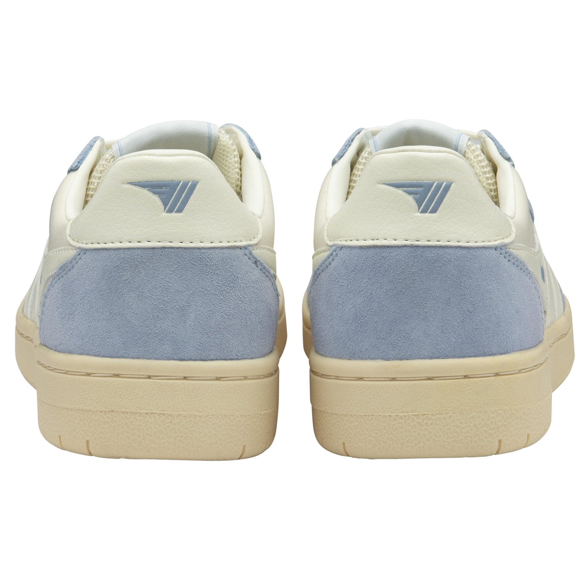 The rear view of two Gola sneakers, featuring blue heels and off-white soles.