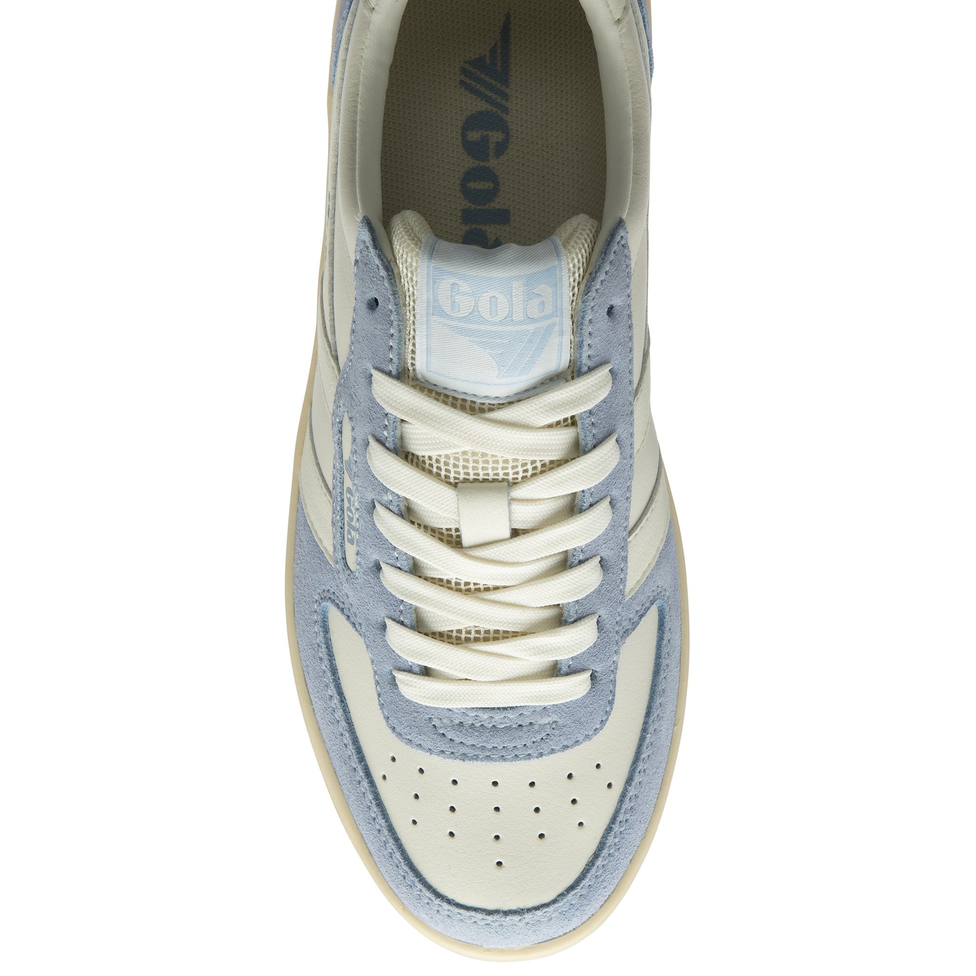 An overhead shot of a light blue and off-white Gola sneaker with cream laces.