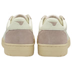 The backs of two pale pink and white sneakers with textured soles on a white background.