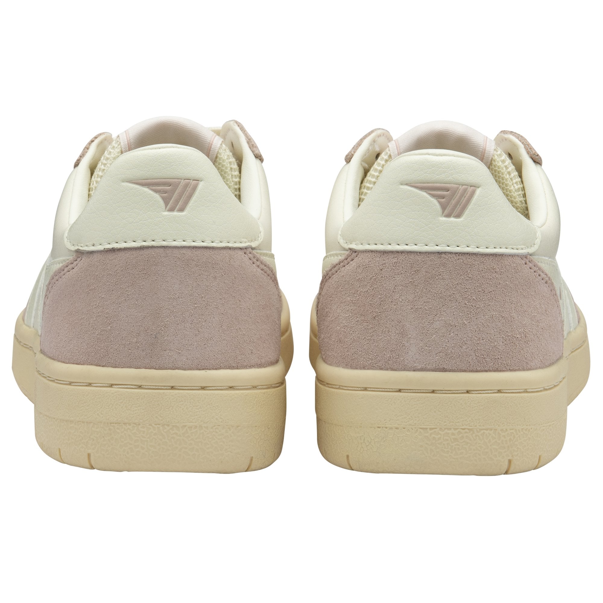 The backs of two pale pink and white sneakers with textured soles on a white background.
