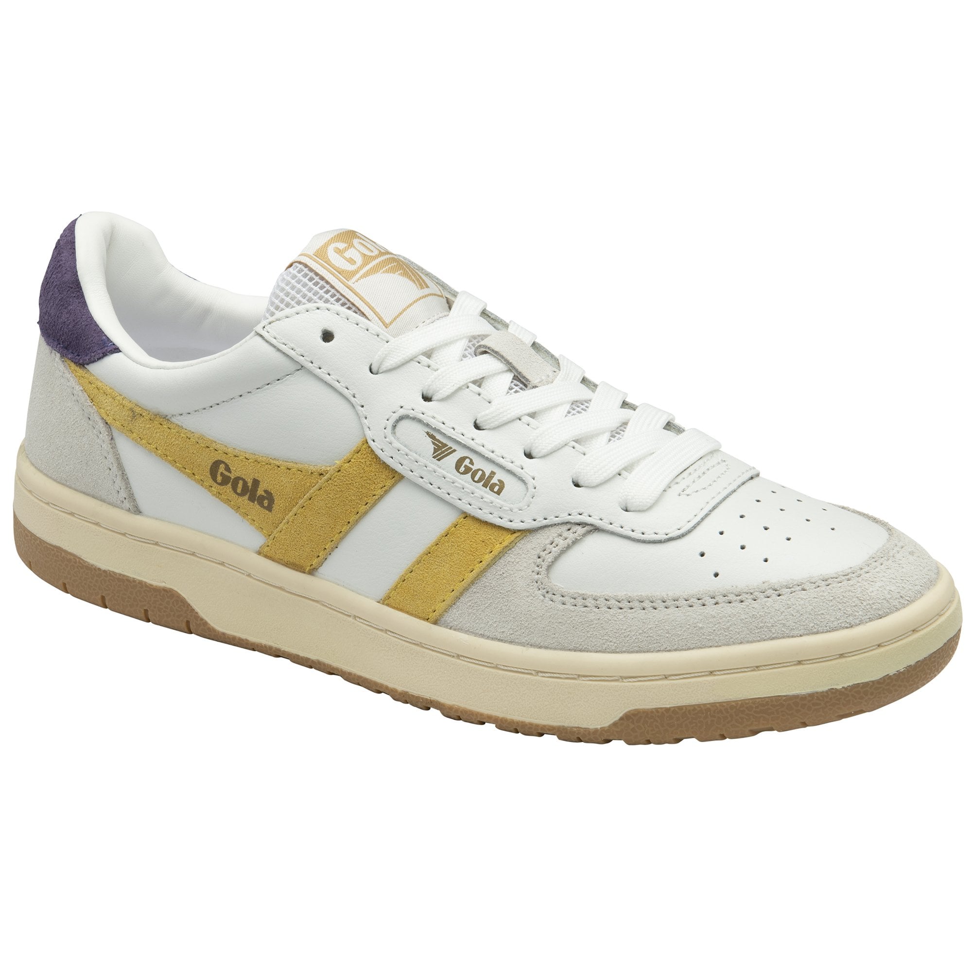 A white Gola men's sneaker with yellow stripes and a purple heel tab, angled left.