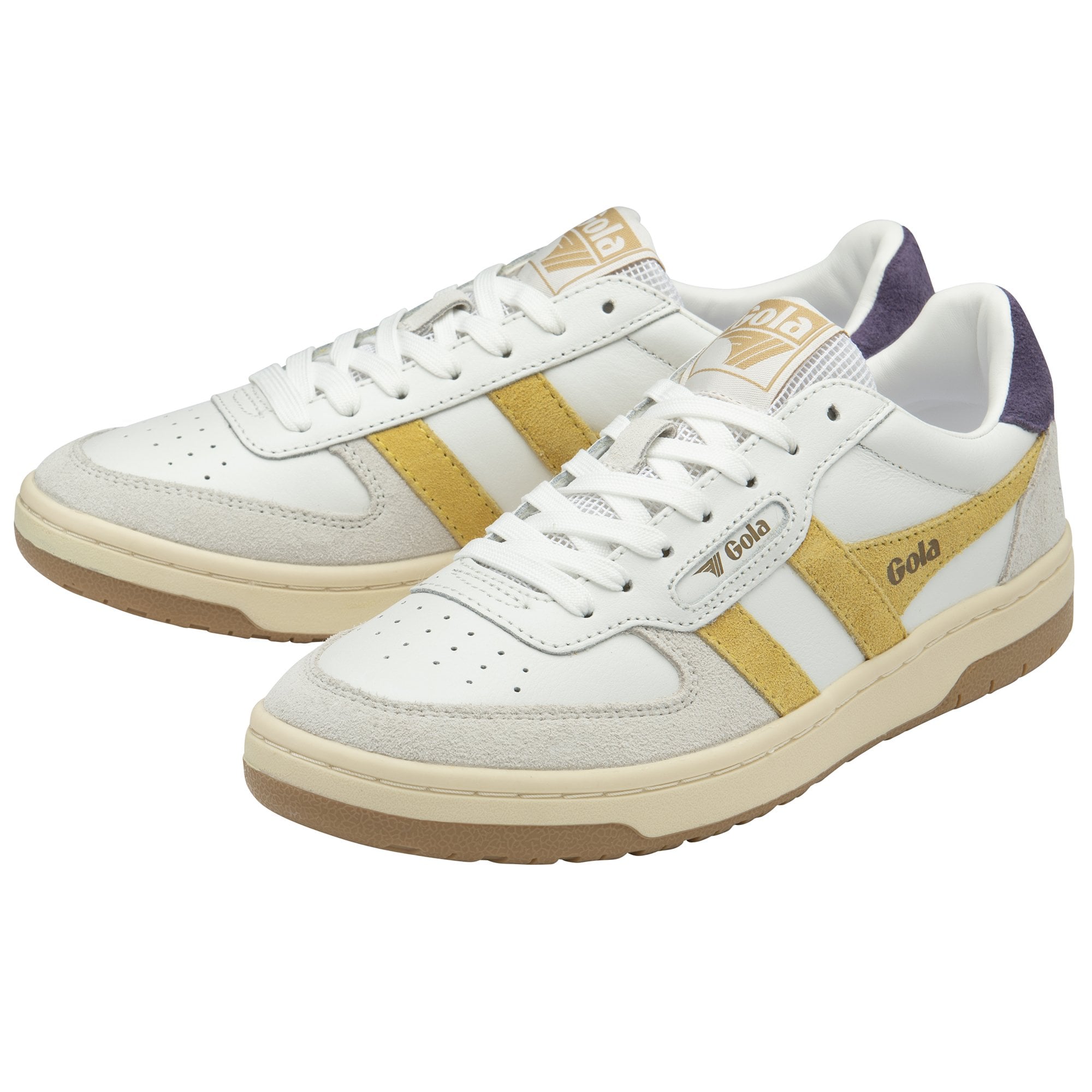 A pair of white Gola men's sneakers with yellow stripes and purple heel tabs.