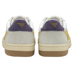 The back view of a pair of white Gola men's sneakers with purple heel tabs.