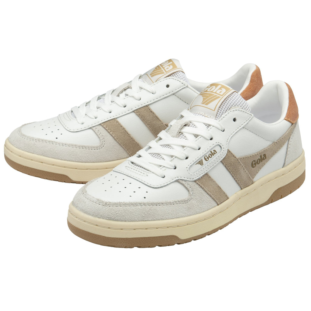 A pair of white and tan Gola sneakers, viewed from the front at an angle.