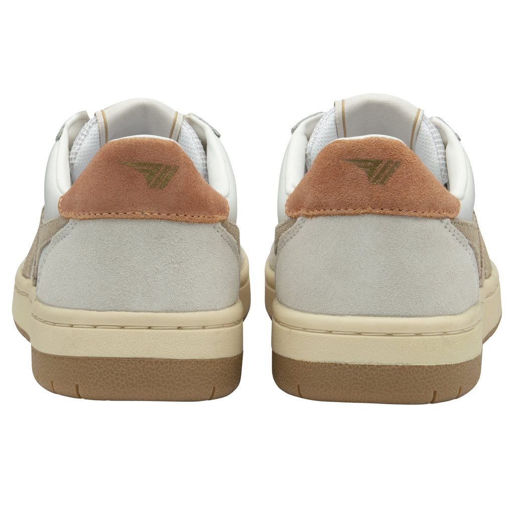 The backs of two white and tan Gola sneakers, showing the tan heel tab.