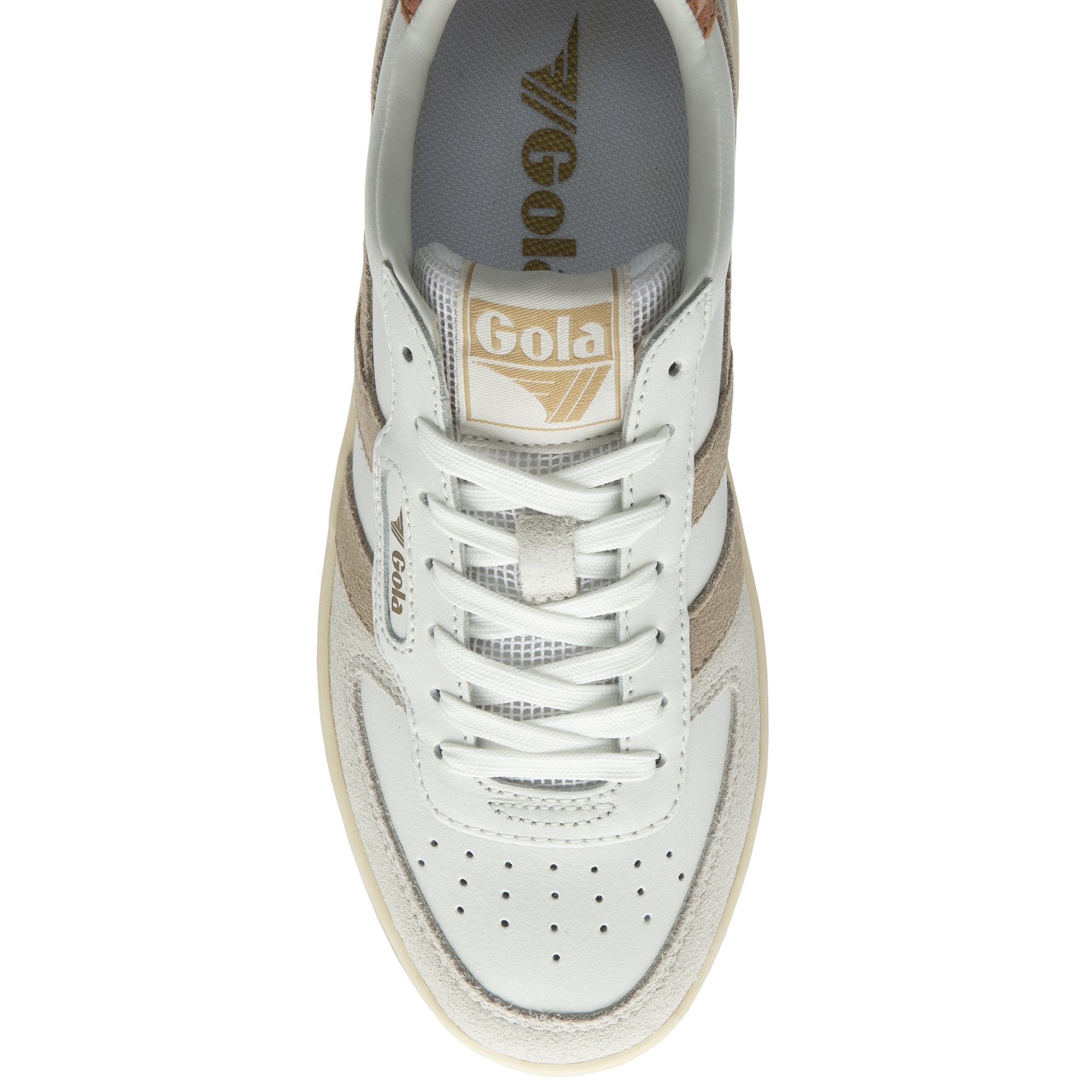 A white Gola sneaker with tan accents, viewed from directly above.