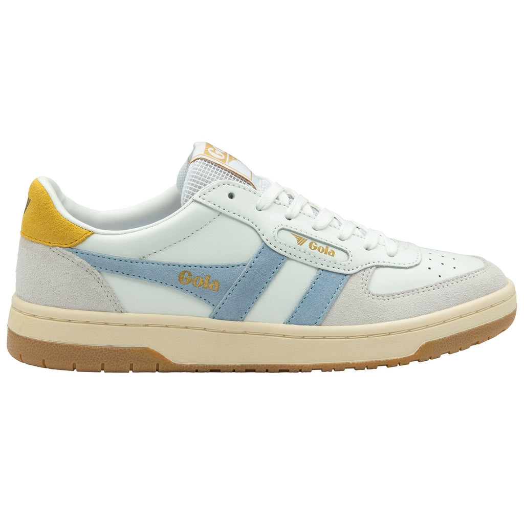 White Gola low-top sneaker with light blue and yellow accents.