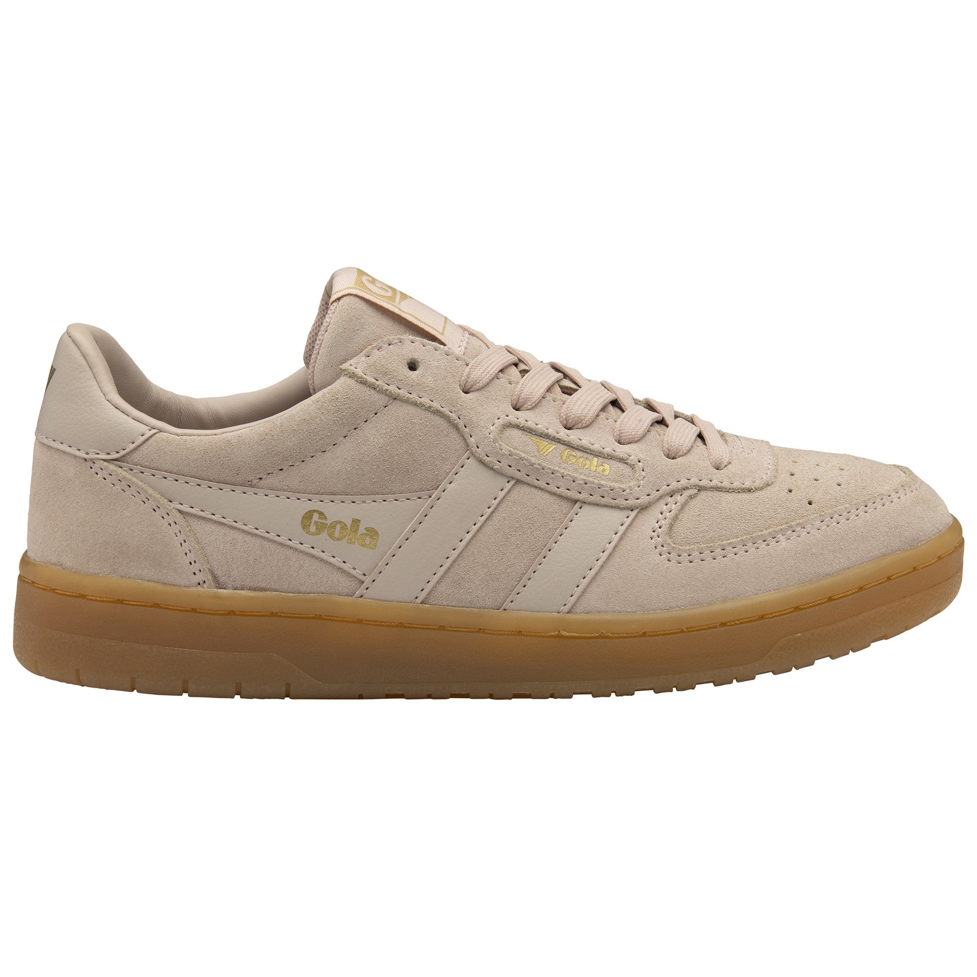 Side profile of a Gola shoe with a beige upper and a gum sole.