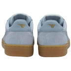 The back view of a pair of light blue Gola sneakers with brown soles.