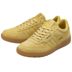Two pale yellow Gola low-top suede sneakers with brown rubber soles.