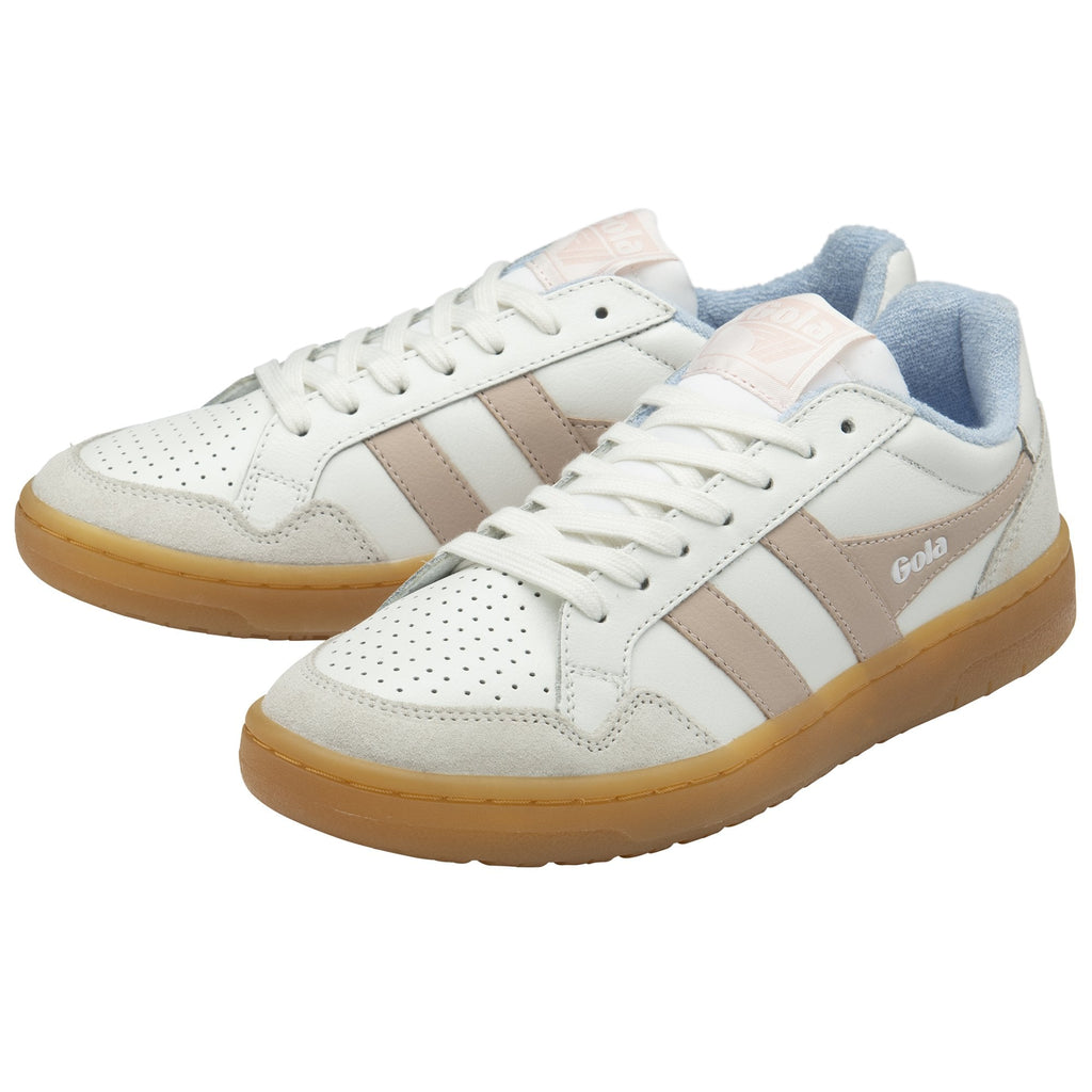 A pair of white Gola sneakers with pink stripes and gum soles, angled toward each other.