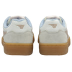 The back view of a pair of white Gola sneakers with gum soles, showing the heel logo.