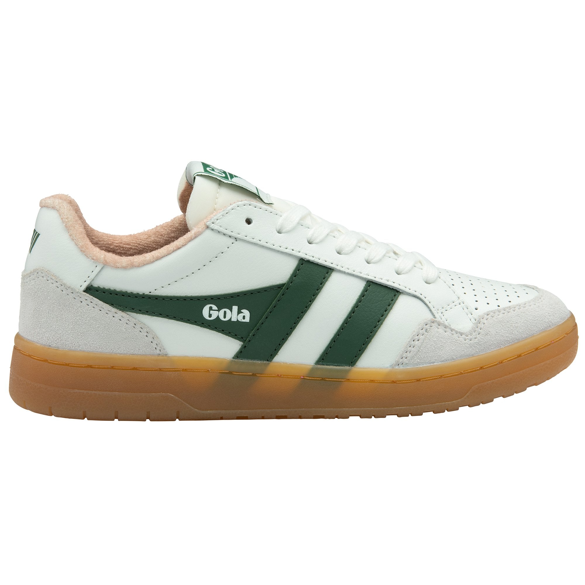 Side profile of a white Gola sneaker with green stripes and a gum sole.