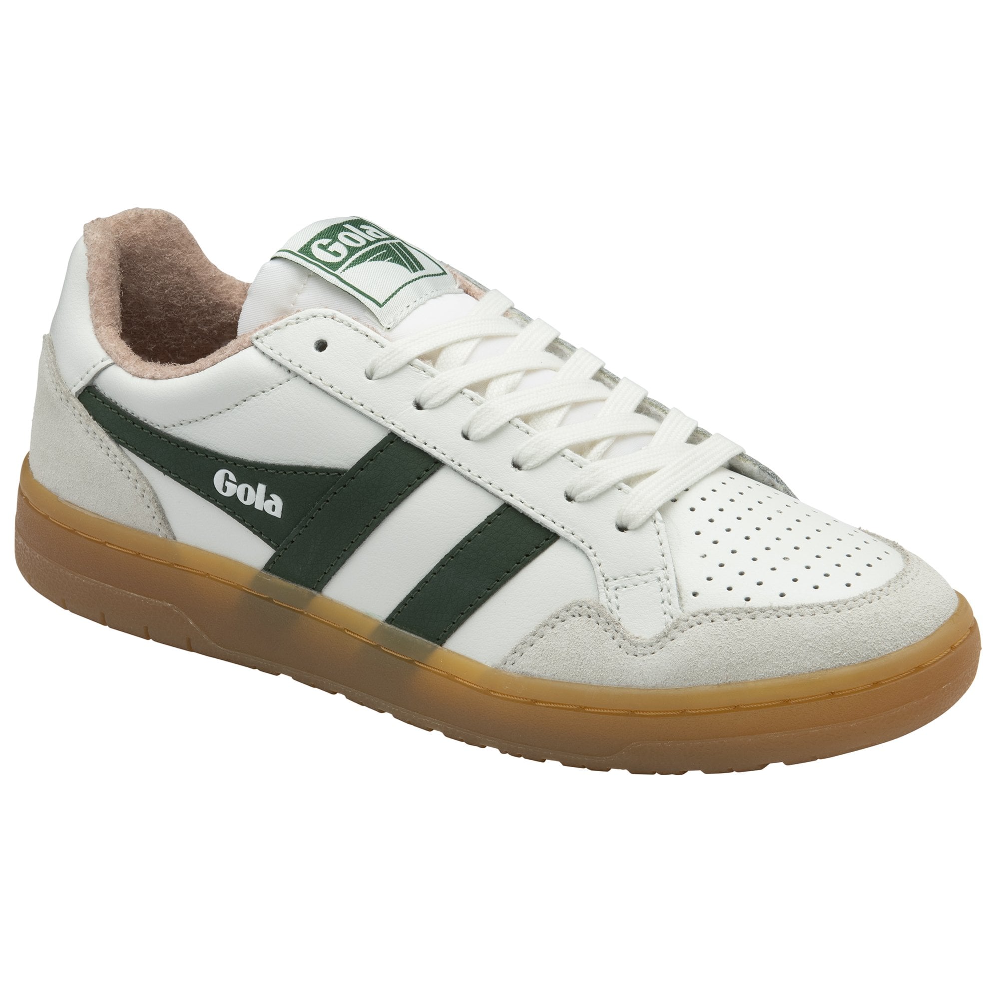 Angled view of a white Gola sneaker with green stripes and a gum sole.