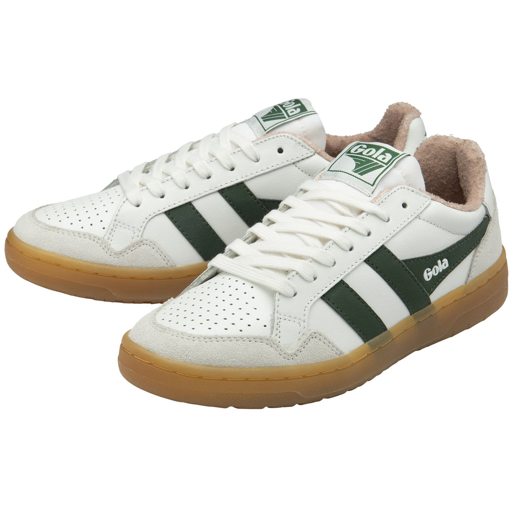 Pair of white Gola sneakers with green stripes and gum soles, angled for display.