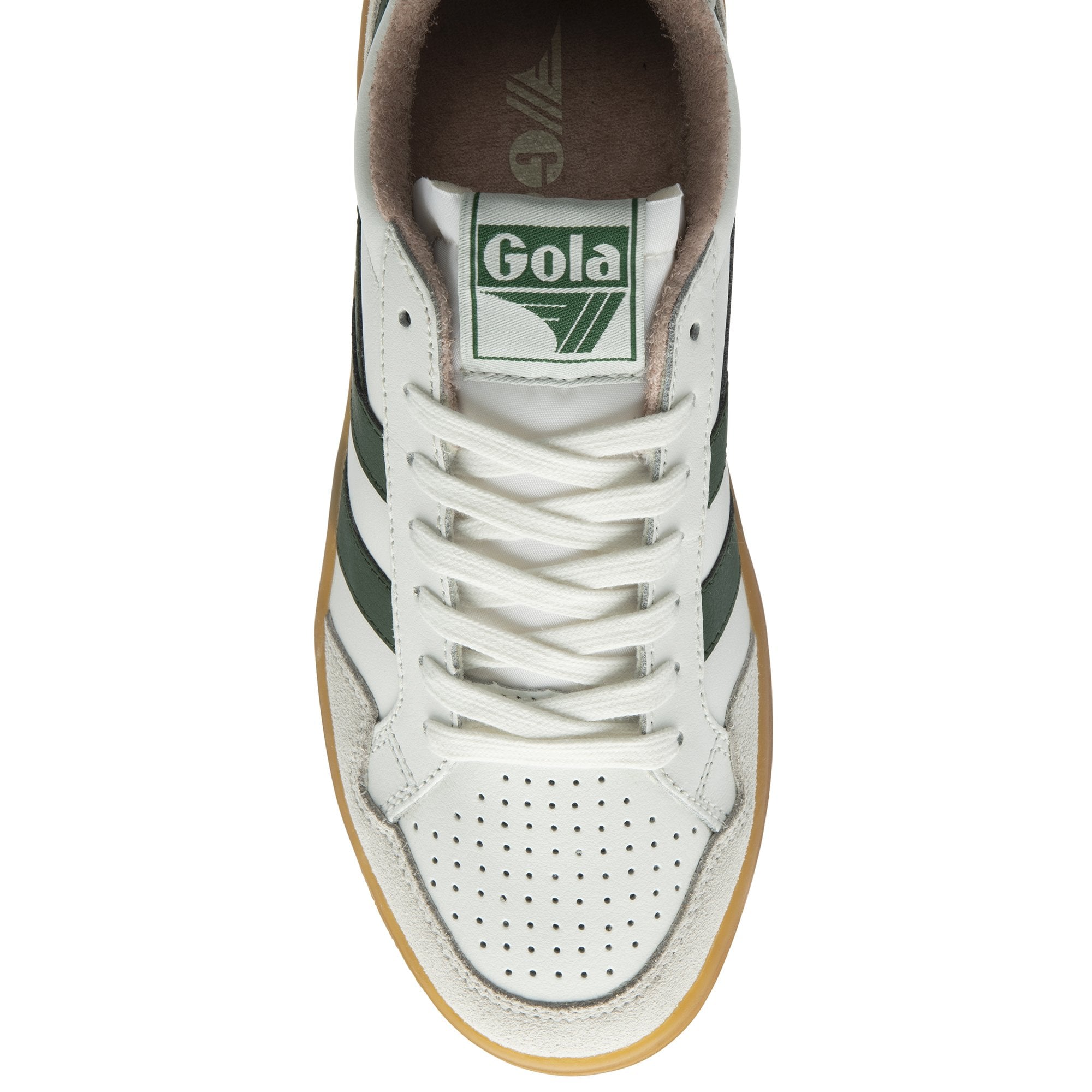 Top-down view of a white Gola sneaker with green stripes and white laces.