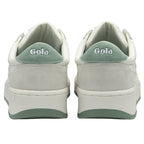 The back of a pair of white Gola sneakers, showing the green heel with the Gola logo.