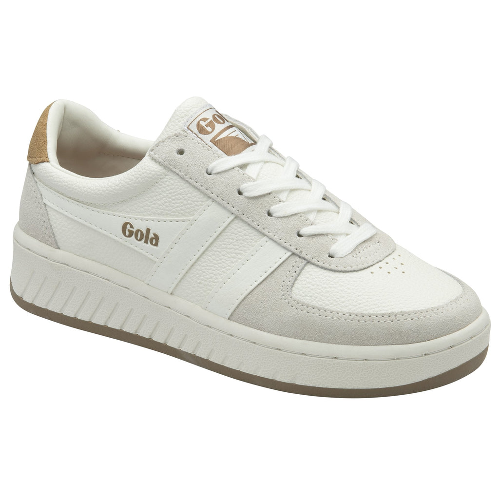 A white Gola sneaker with light brown accents on the tongue and heel, on a white background.