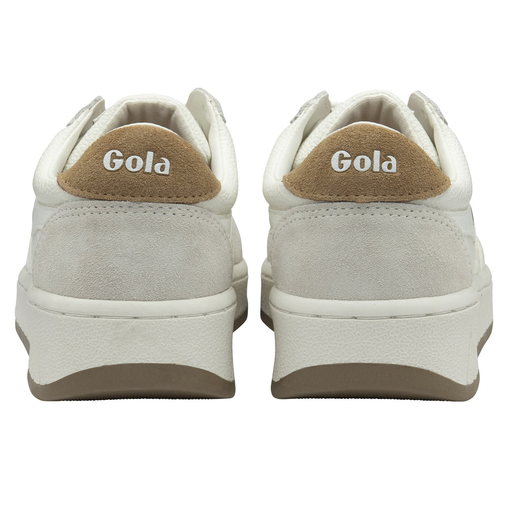 The back view of a pair of white Gola sneakers, showing the light brown Gola heel branding.