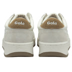 The back view of a pair of white Gola sneakers, showing the light brown Gola heel branding.