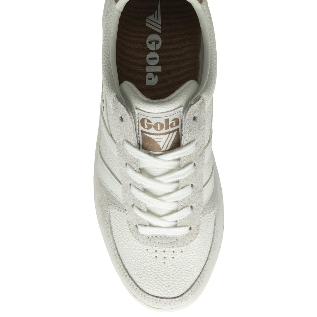 A top-down view of a white Gola sneaker with light brown Gola branding on the tongue.