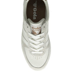 A top-down view of a white Gola sneaker with light brown Gola branding on the tongue.