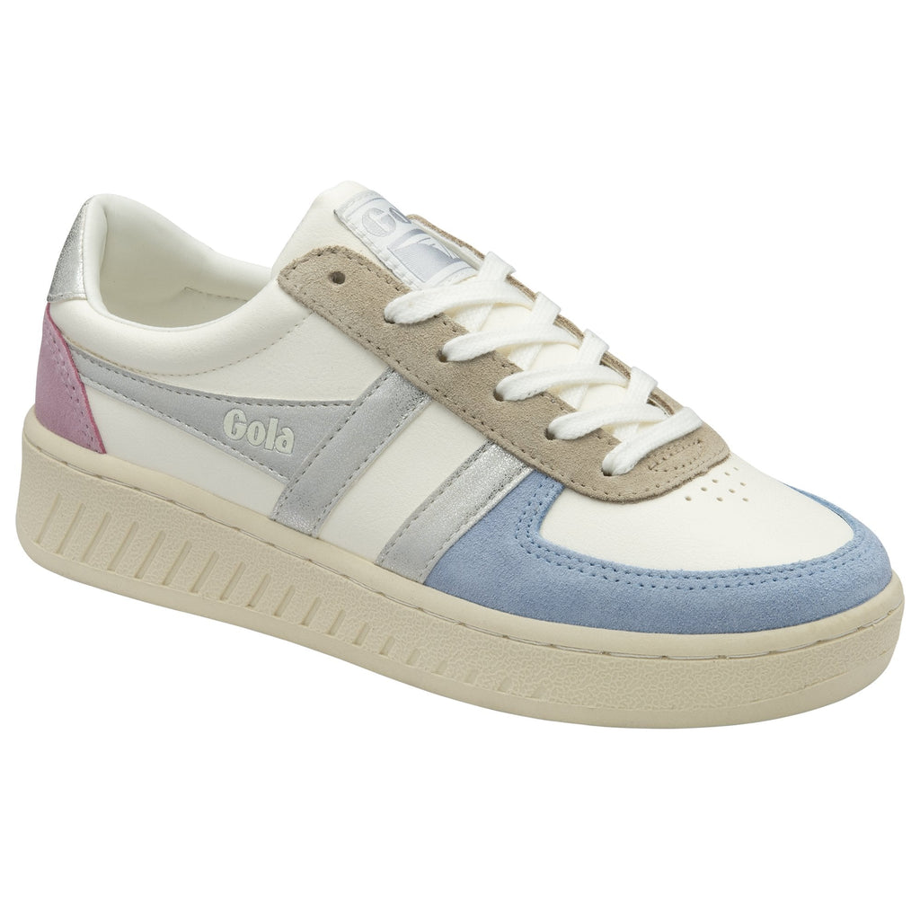 A single white, blue, and pink Gola sneaker with silver stripes.