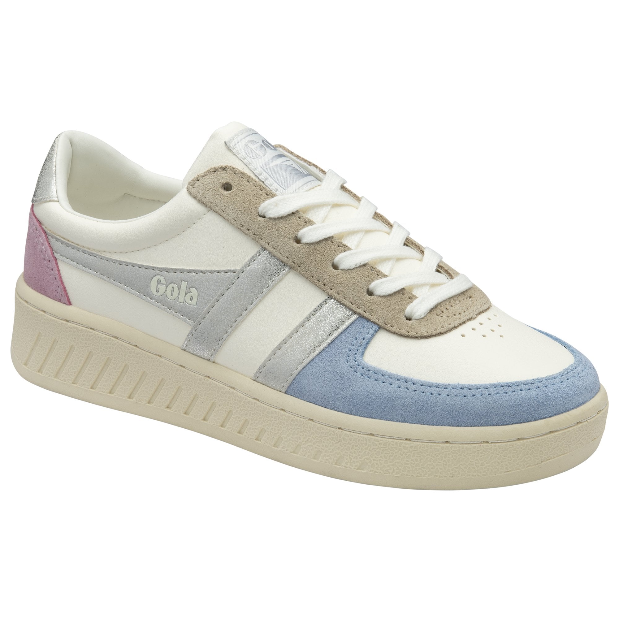 A single white, blue, and pink Gola sneaker with silver stripes.