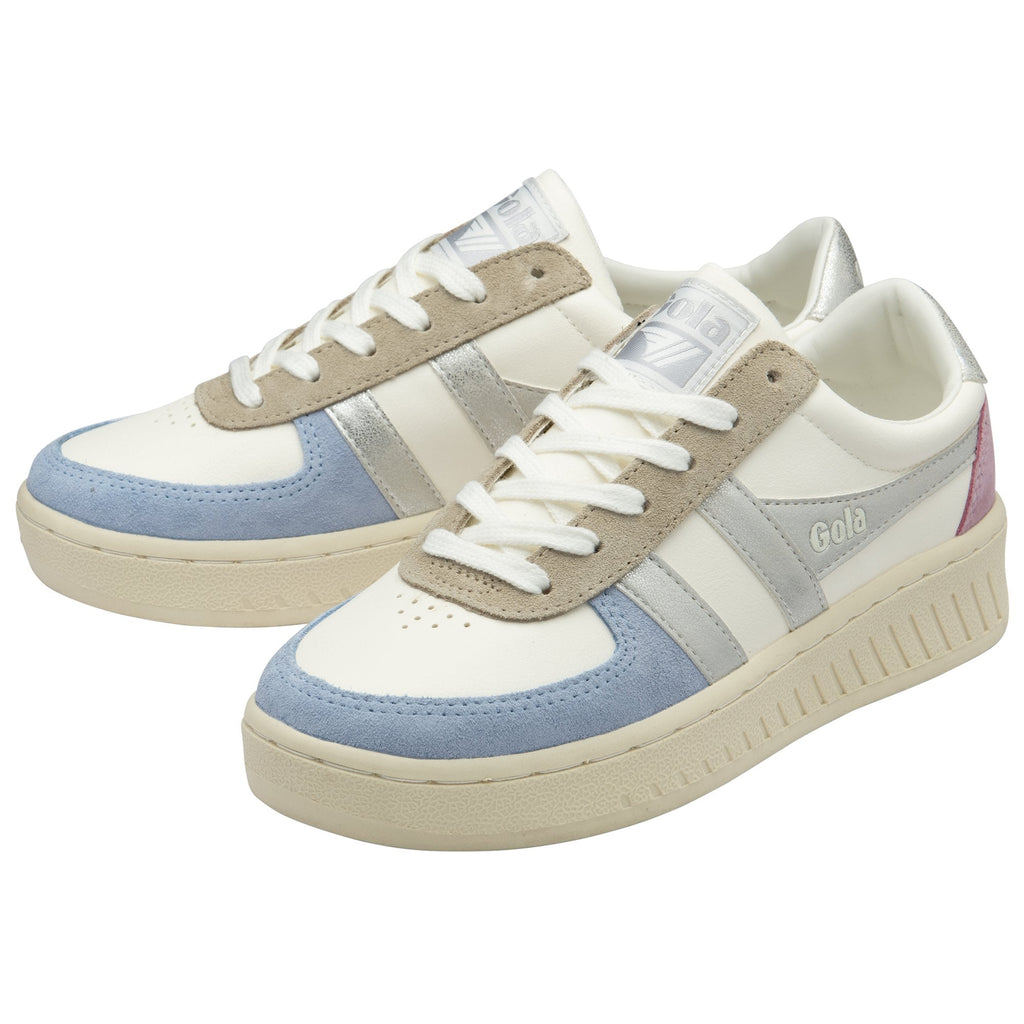 A pair of white Gola sneakers with blue, pink, and silver accents.