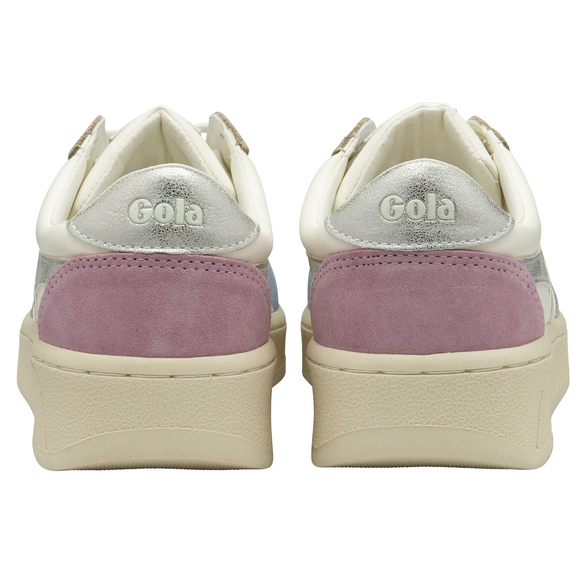 The back view of two Gola sneakers with pink heels and silver logos.