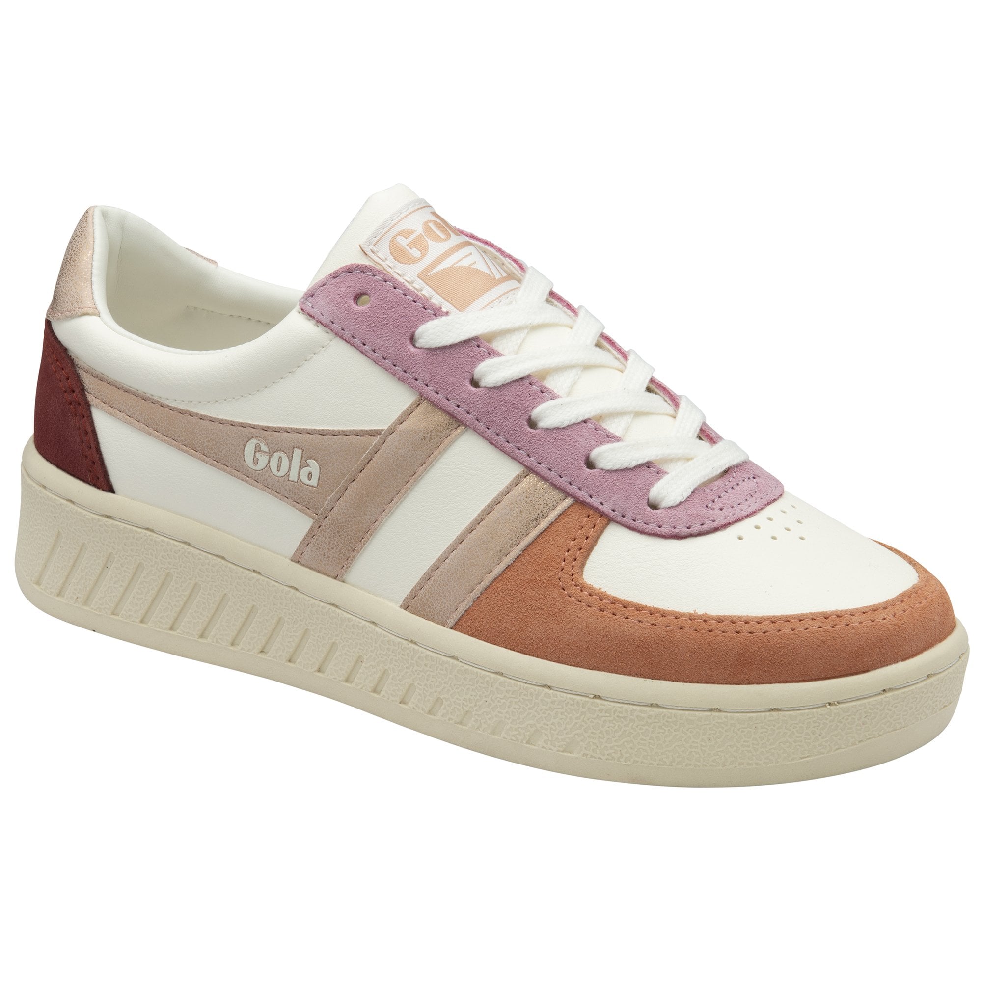 A white Gola women's sneaker with rose gold and pink accents on a white background.