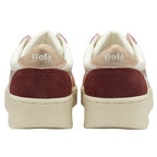A back view of a pair of women's Gola sneakers in white with maroon accents.