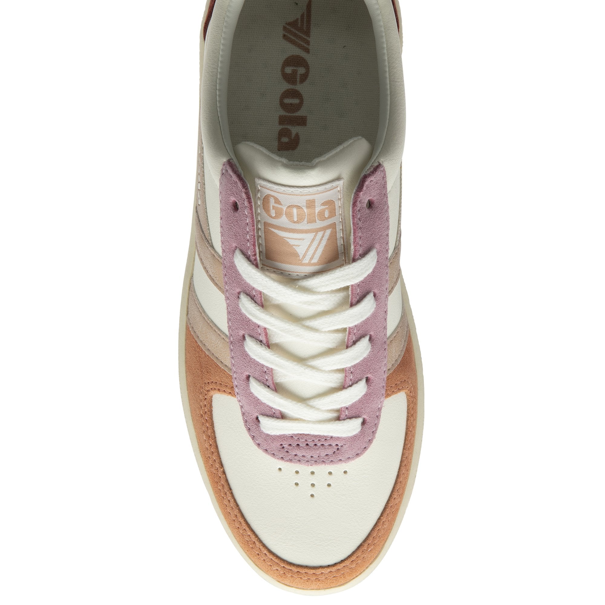 A top-down view of a women's Gola sneaker in white with rose gold and pink accents.