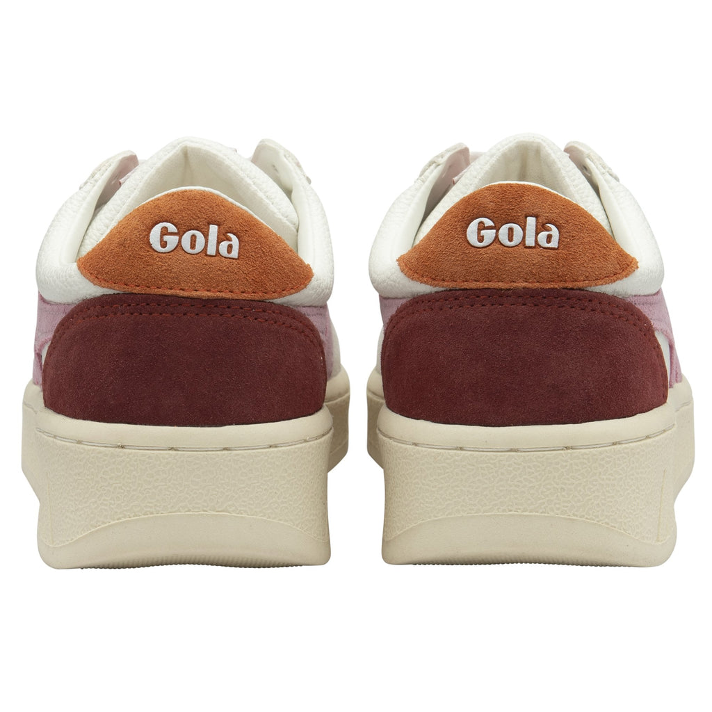 The back view of two Gola sneakers with brown and burgundy accents.