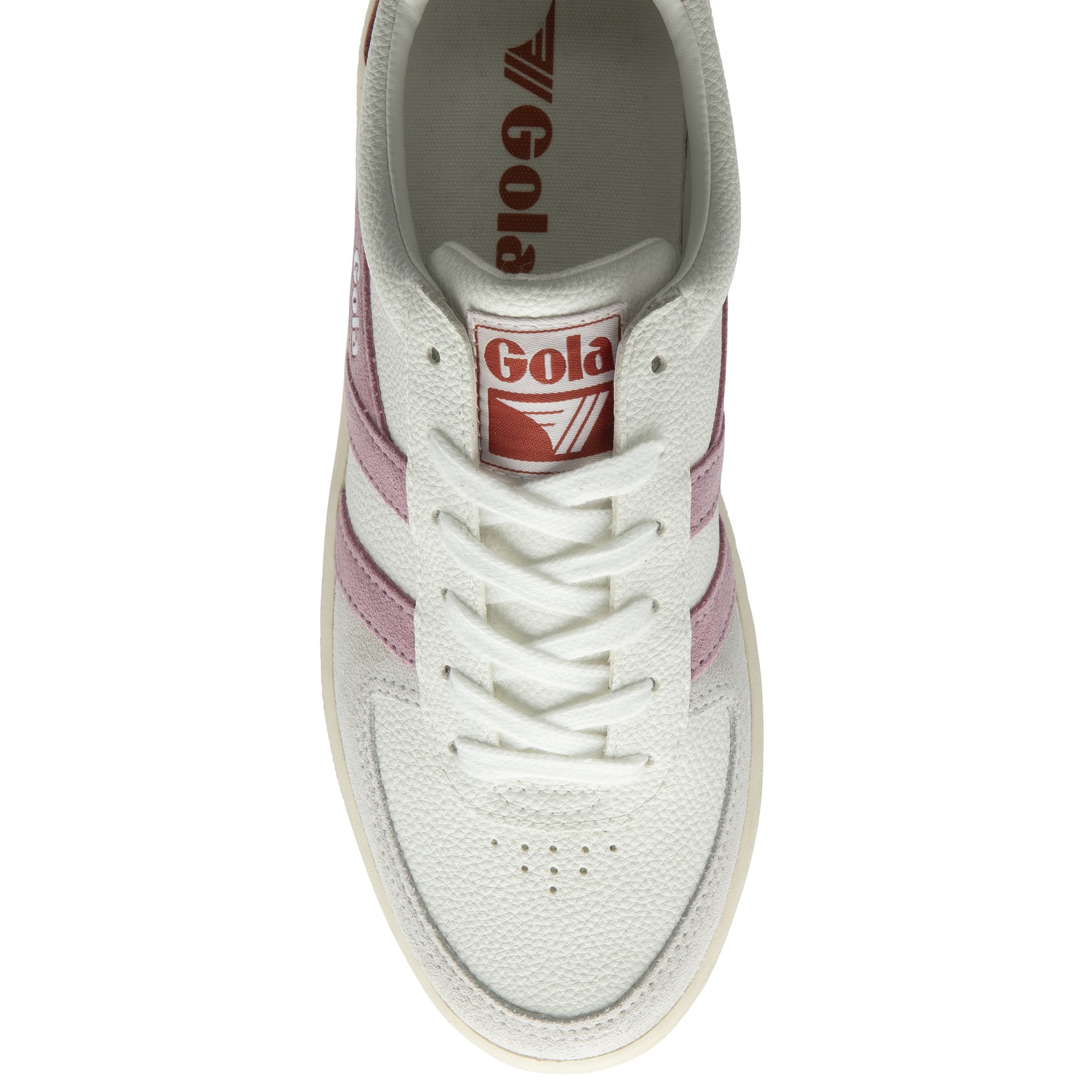 The top-down view of a single white Gola sneaker with a pink stripe.