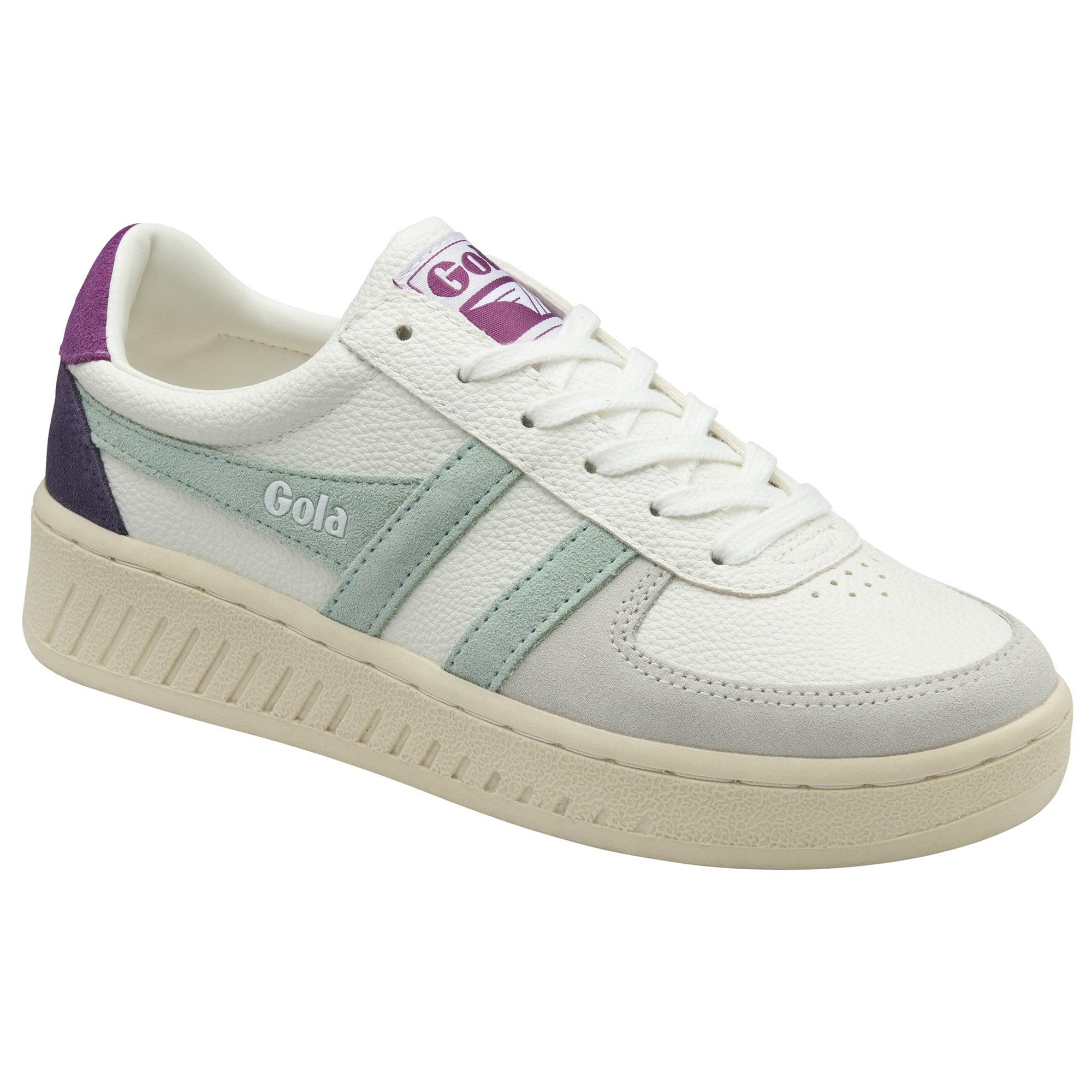 A white Gola sneaker with mint green stripes and purple accents.