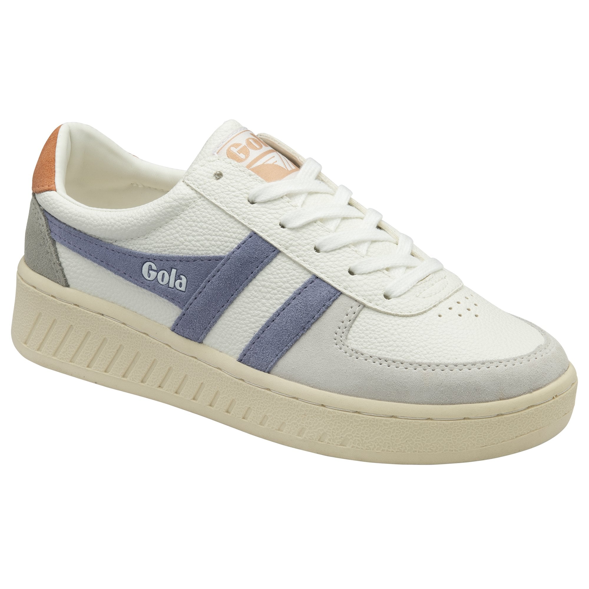 Angled side view of white Gola sneakers with blue stripes and tan accents.