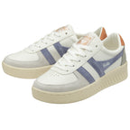 Pair of white Gola sneakers with blue stripes and tan heel details.