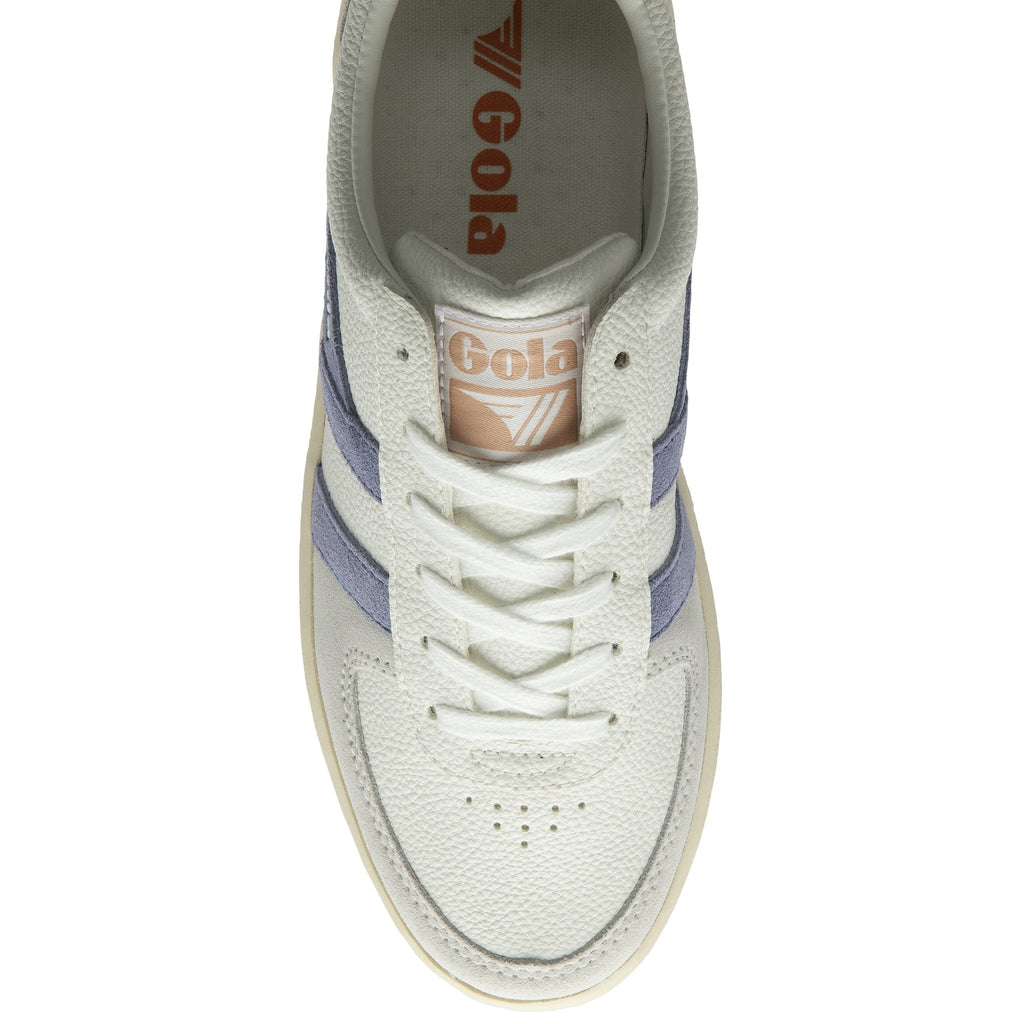 Top-down view of a white Gola sneaker with blue stripes and white laces.