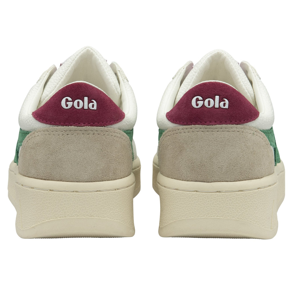 The heels of two Gola sneakers in white, green, and maroon.