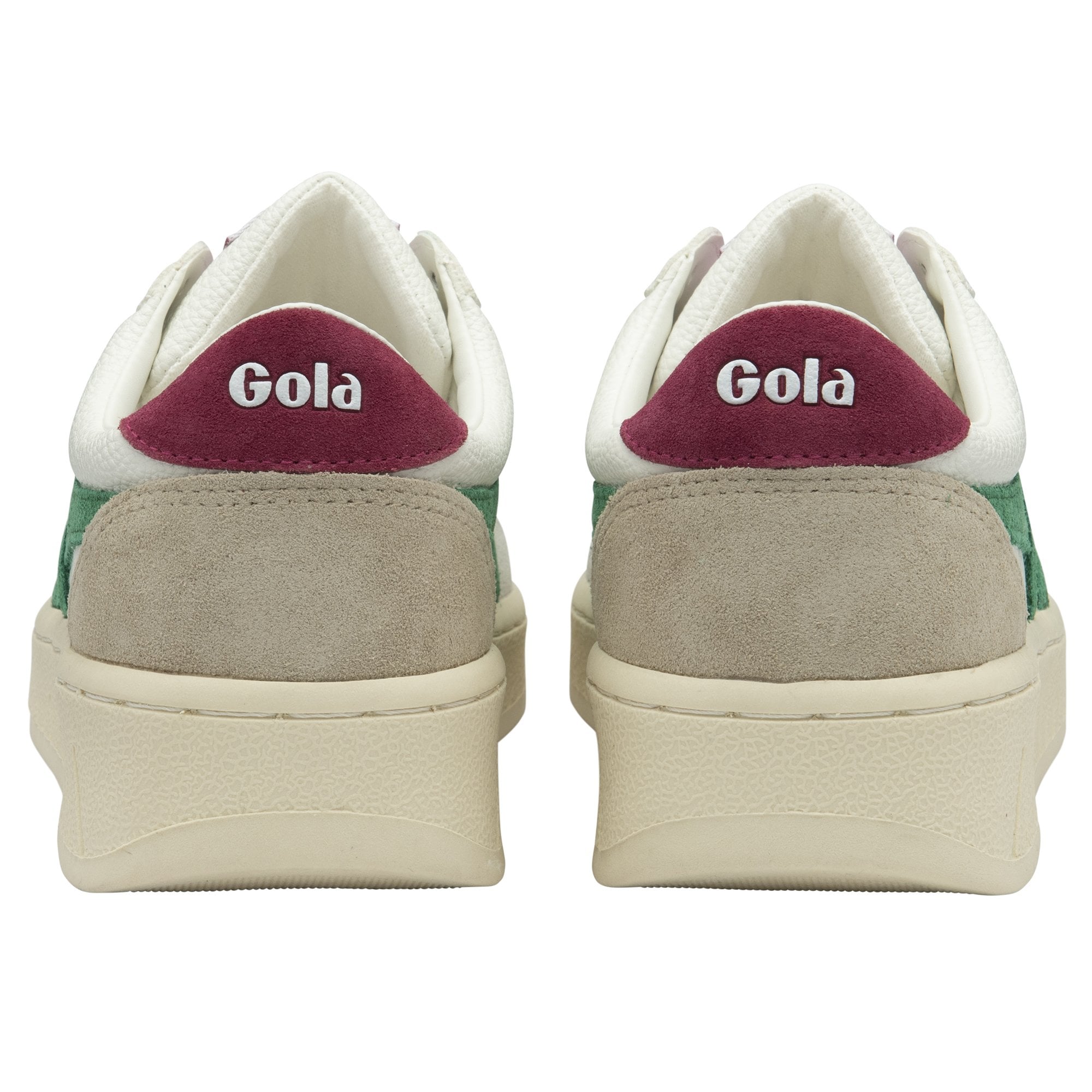 The heels of two Gola sneakers in white, green, and maroon.