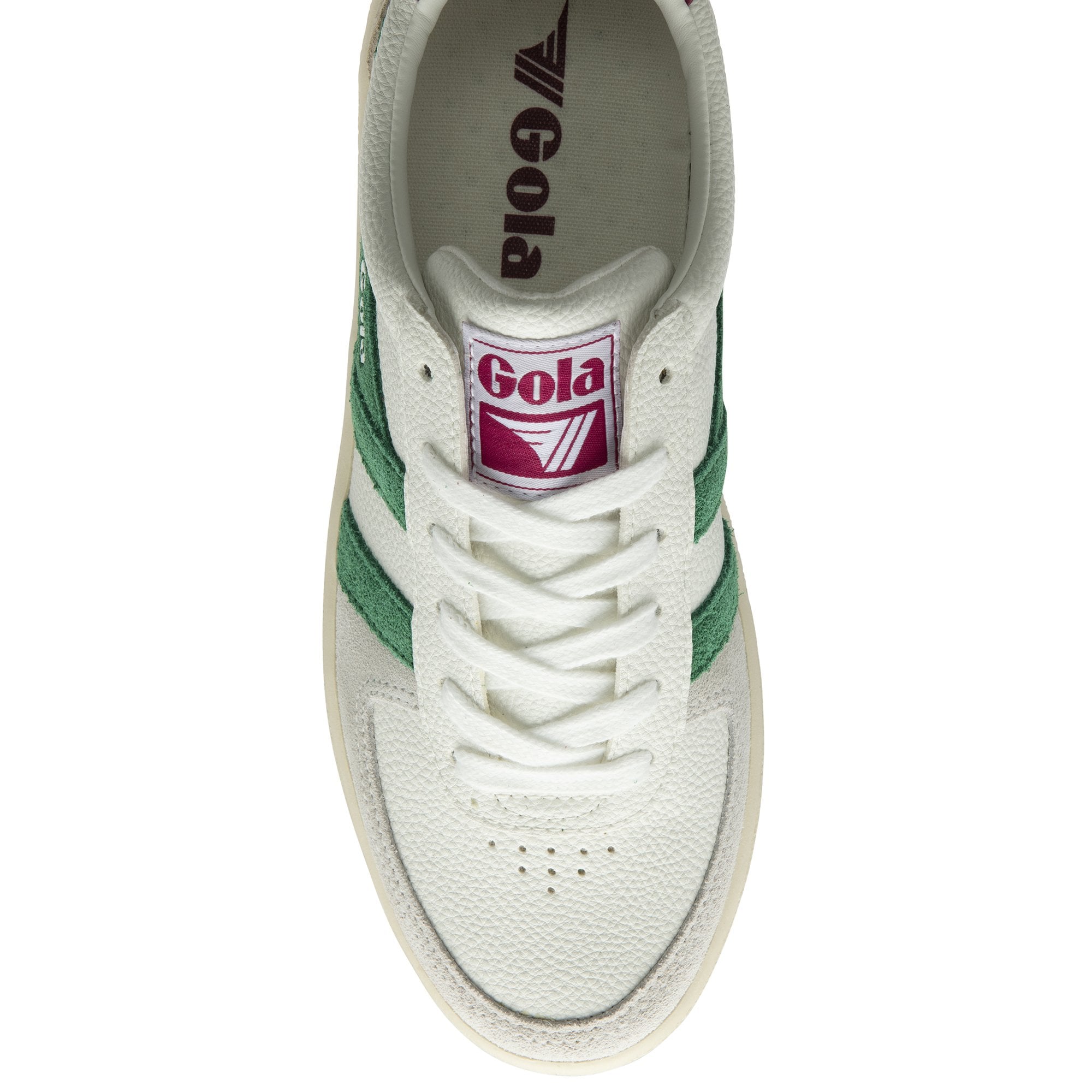 A top-down view of a white Gola sneaker with green stripes and maroon accents.