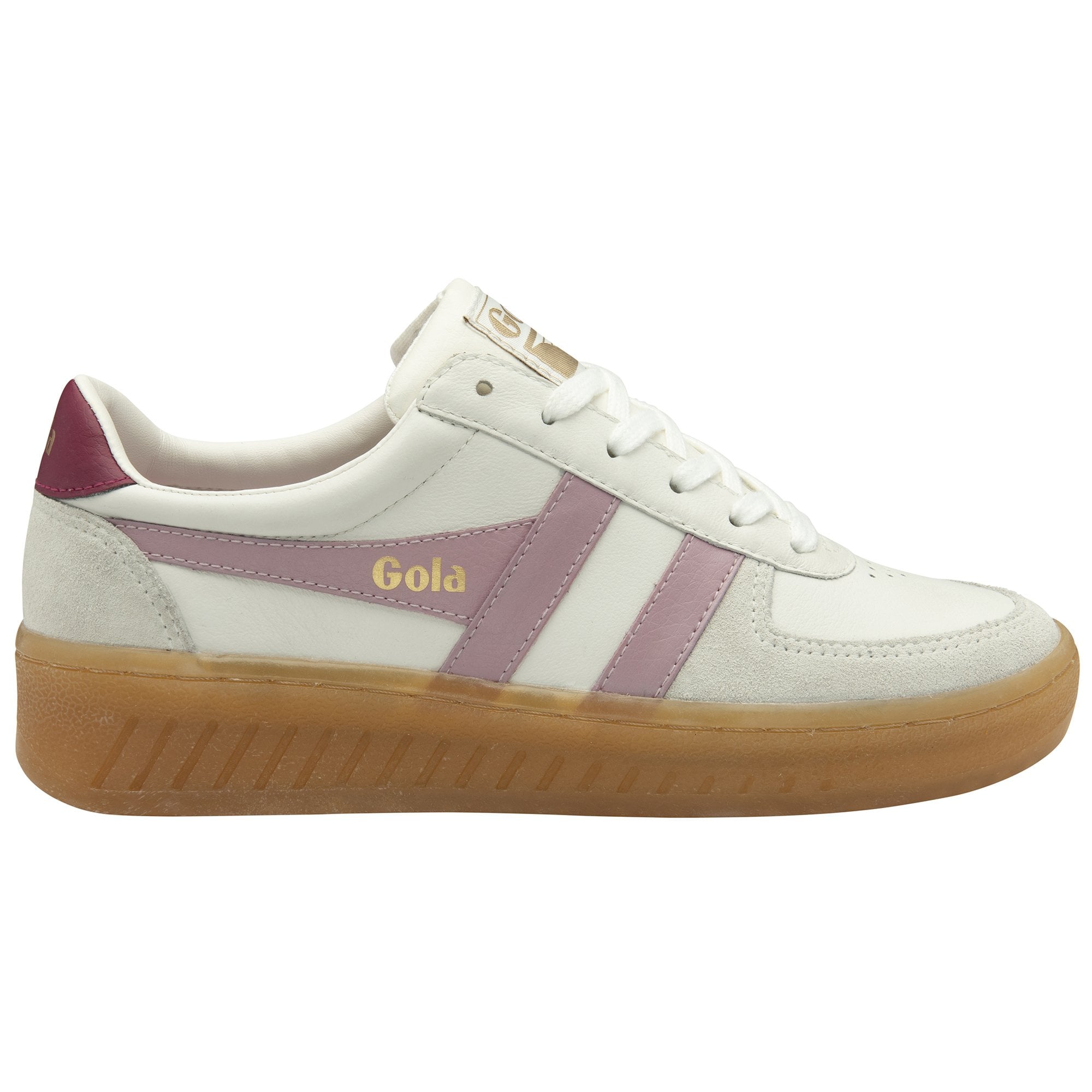 A white Gola sneaker with purple stripes and a gum sole, viewed from the side.